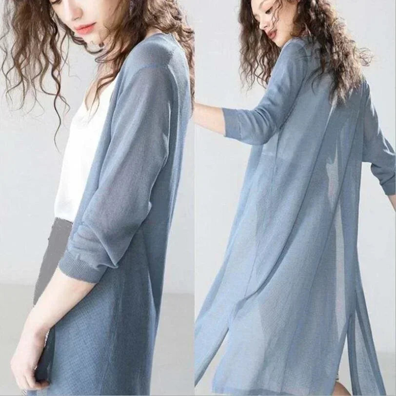 Long open cardigan for women with 3/4 sleeves and side slits
