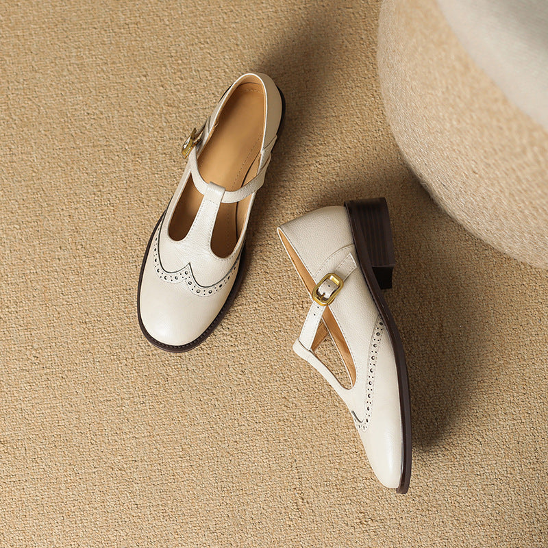 Women's Leather T-Strap Mary Jane Shoes | Low Block Heel Pumps
