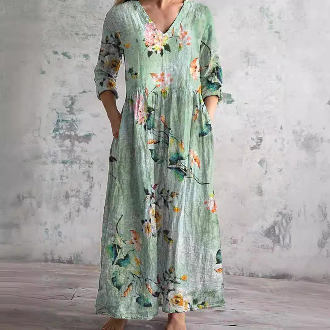 Women's Floral V-Neck Summer Dress | Lightweight Flowy Midi Dress