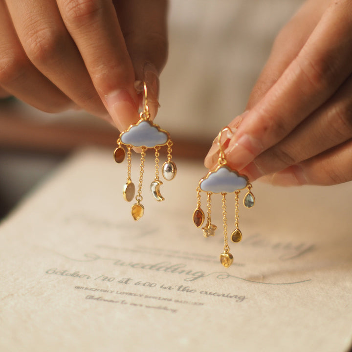 Women's Gold Vermeil Enamel Cloud Drop Earrings | Waterproof Sterling Silver Drops
