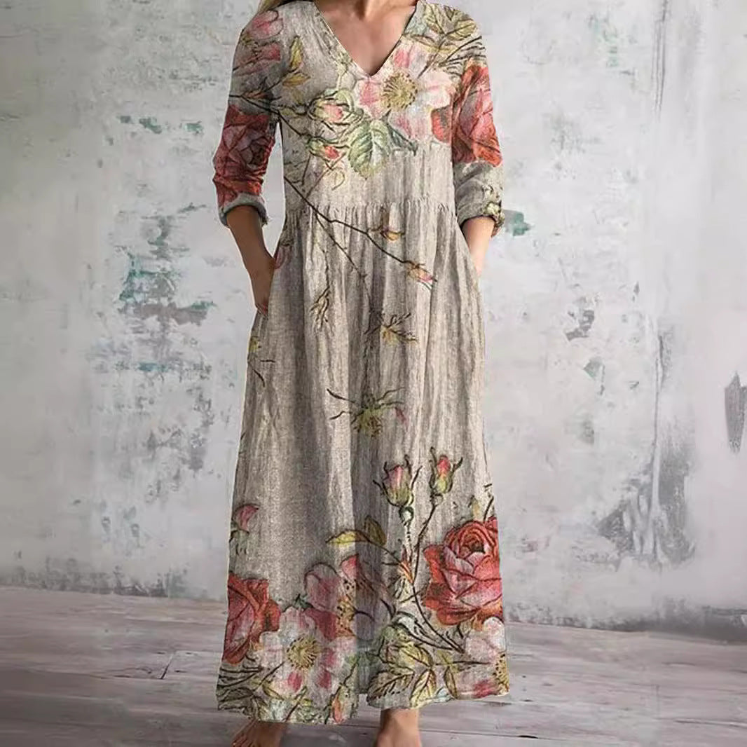 Women's Floral V-Neck Summer Dress | Lightweight Flowy Midi Dress