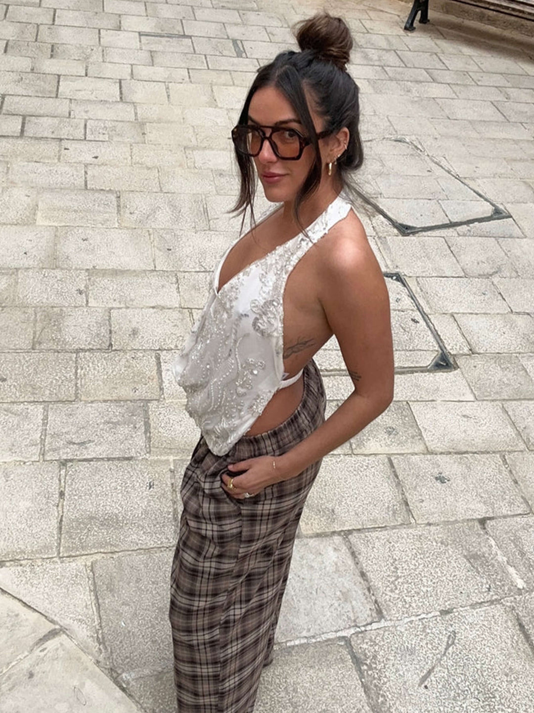 Duttini | Beaded floral detail halter top