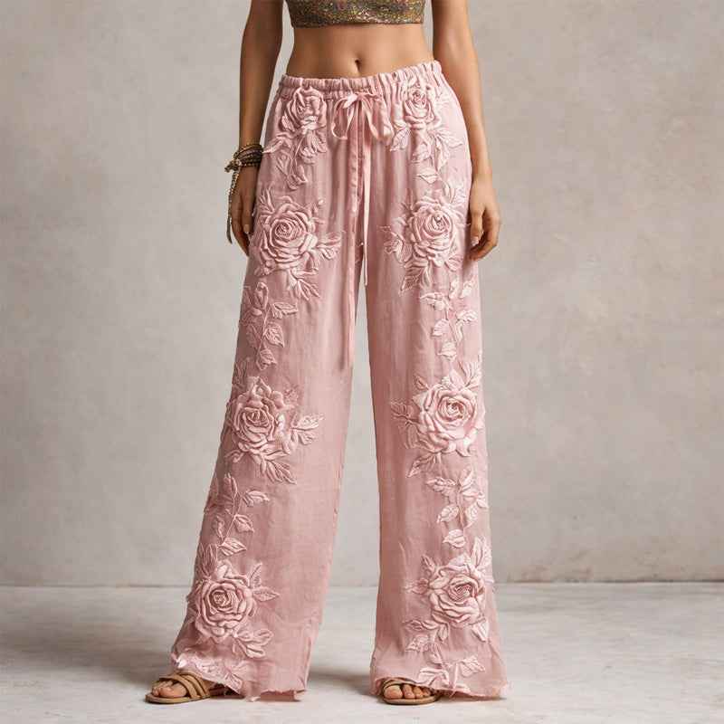 Pants | Floral Embroidered Wide-Leg Trousers | Elegant Comfortable