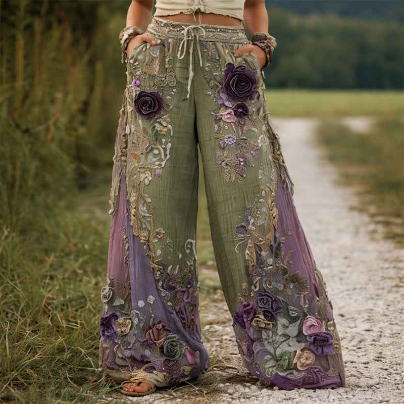 Pants | Floral Embroidered Wide-Leg Trousers | Elegant Comfortable