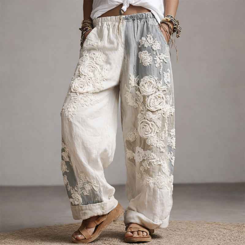 Pants | Floral Embroidered Wide-Leg Trousers | Elegant Comfortable