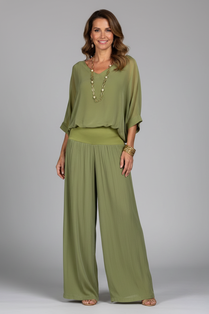 Women's V-Neck Wide-Leg Two-Piece Set | Batwing Blouse & Trousers