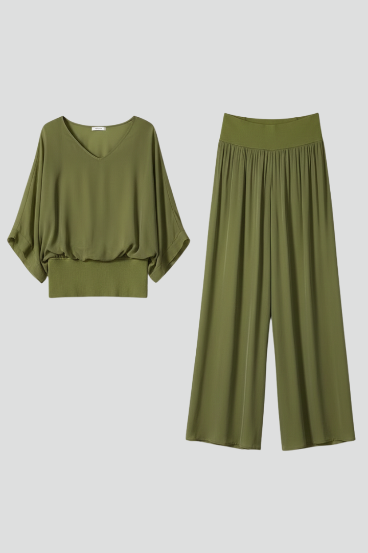 Women's V-Neck Wide-Leg Two-Piece Set | Batwing Blouse & Trousers