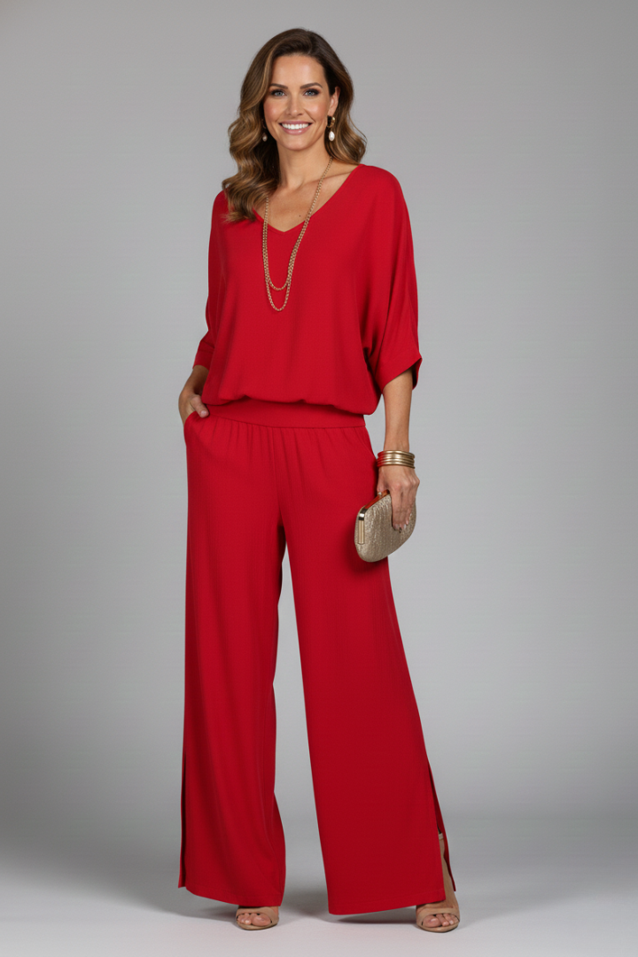 Women's V-Neck Wide-Leg Two-Piece Set | Batwing Blouse & Trousers