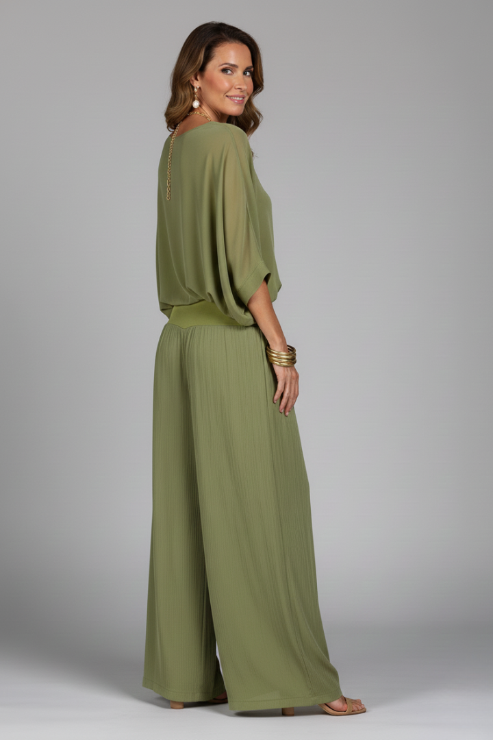 Women's V-Neck Wide-Leg Two-Piece Set | Batwing Blouse & Trousers