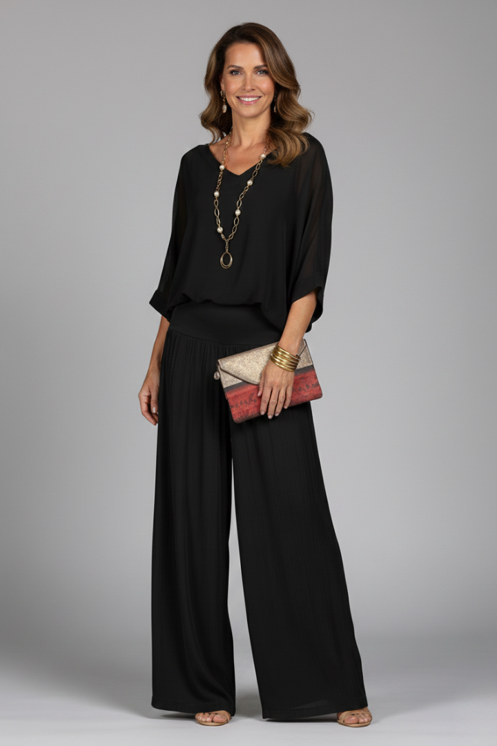 Women's V-Neck Wide-Leg Two-Piece Set | Batwing Blouse & Trousers