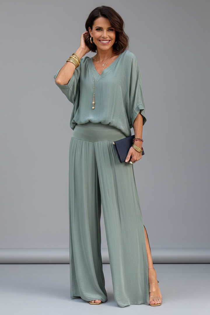 Women's V-Neck Wide-Leg Two-Piece Set | Batwing Blouse & Trousers