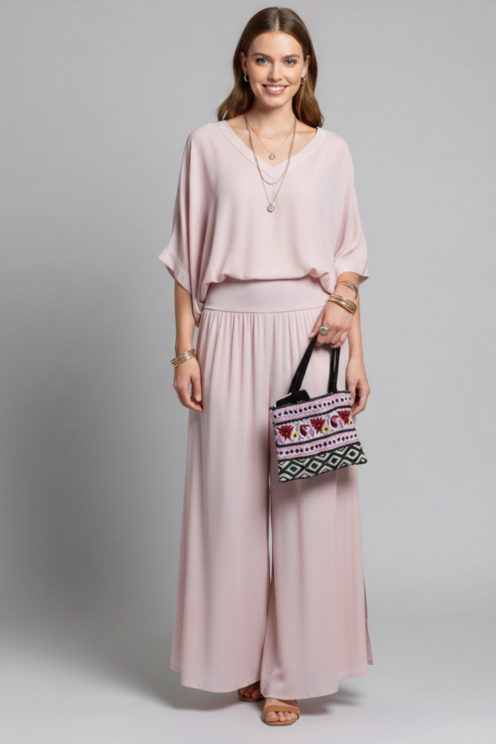 Women's V-Neck Wide-Leg Two-Piece Set | Batwing Blouse & Trousers