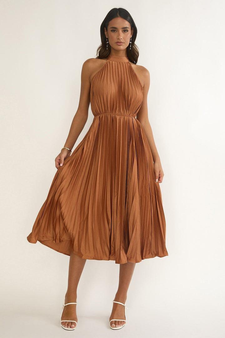 Sharaya Pleated Midi Dress Mocha