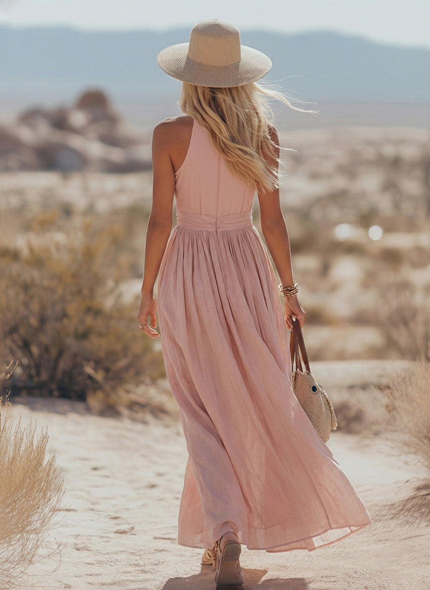 Women's Halter Neck Flowing Maxi Dress | Elegant Sleeveless Summer Gown