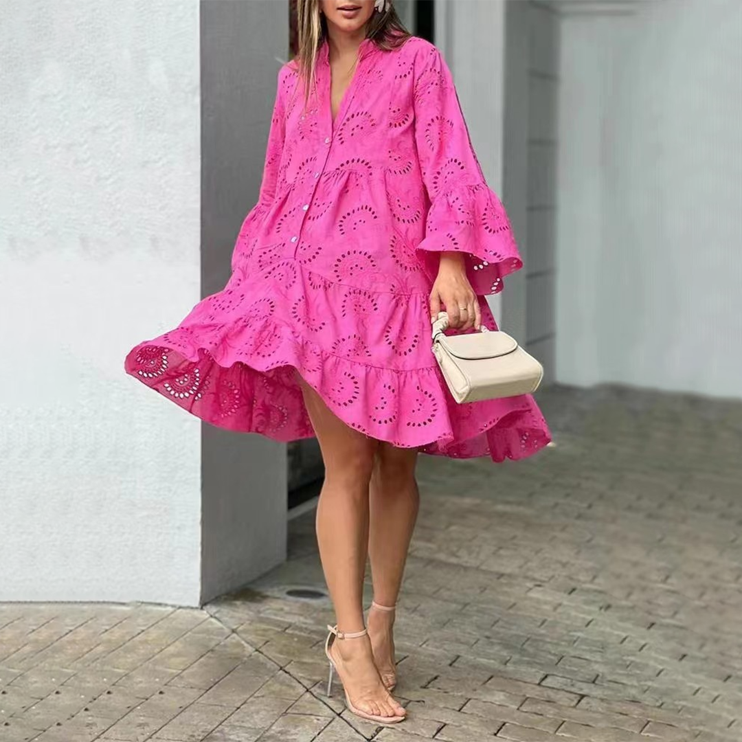 Women's Openwork Embroidered Summer Dress | Elegant Long-Sleeve V-Neck Dress