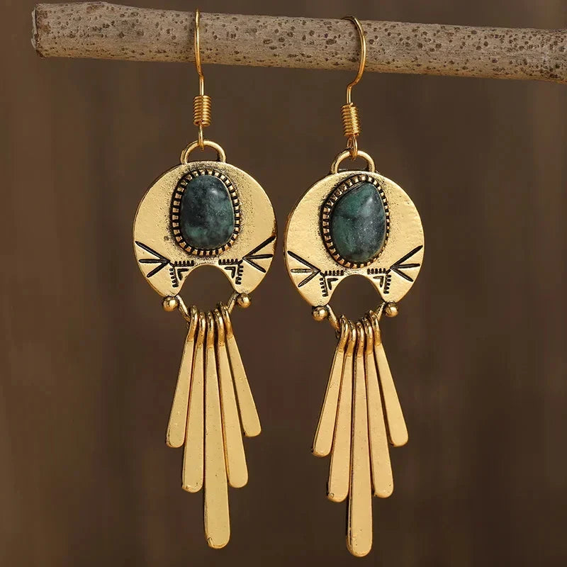 Women's Natural Stone Boho Drop Earrings | Vintage Gold-Tone Statement Drops