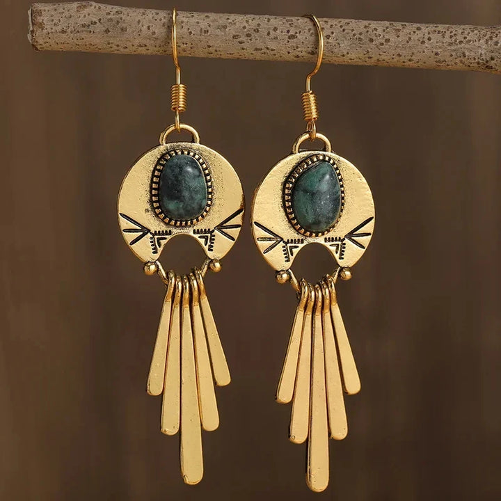 Women's Natural Stone Boho Drop Earrings | Vintage Gold-Tone Statement Drops