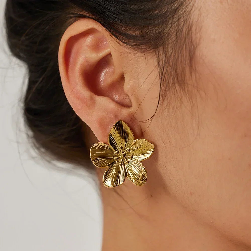Women's 18K Gold-Plated Petal Stud Earrings | Textured Floral Statement Studs