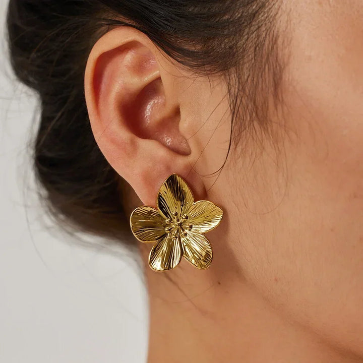 Women's 18K Gold-Plated Petal Stud Earrings | Textured Floral Statement Studs