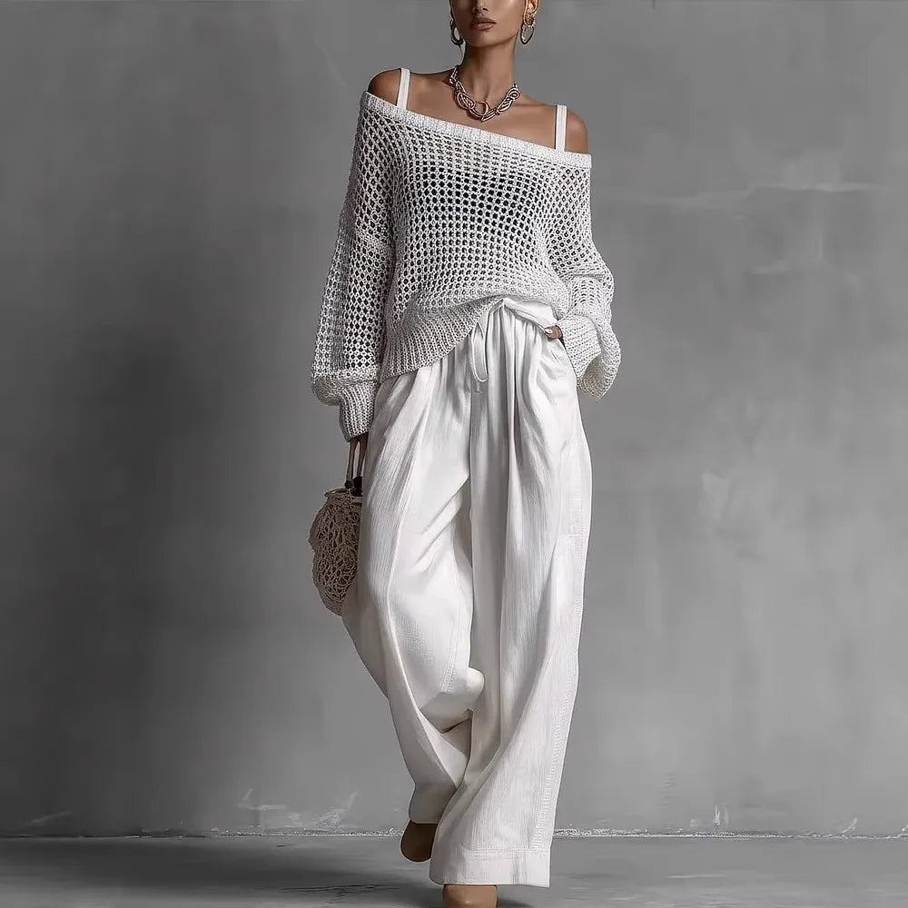 Women's Off-Shoulder Wide-Leg Two-Piece Set | Elegant Textured Trouser Co-Ord