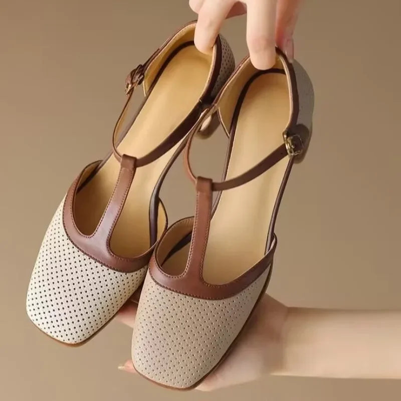 Women's T-Strap Block Heel Pumps | Square Toe Mid Heel Shoes