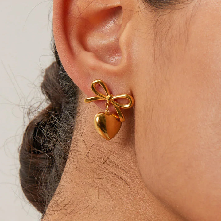 Women's Stainless Steel Bow and Heart Stud Earrings | Waterproof Two-Tone Studs