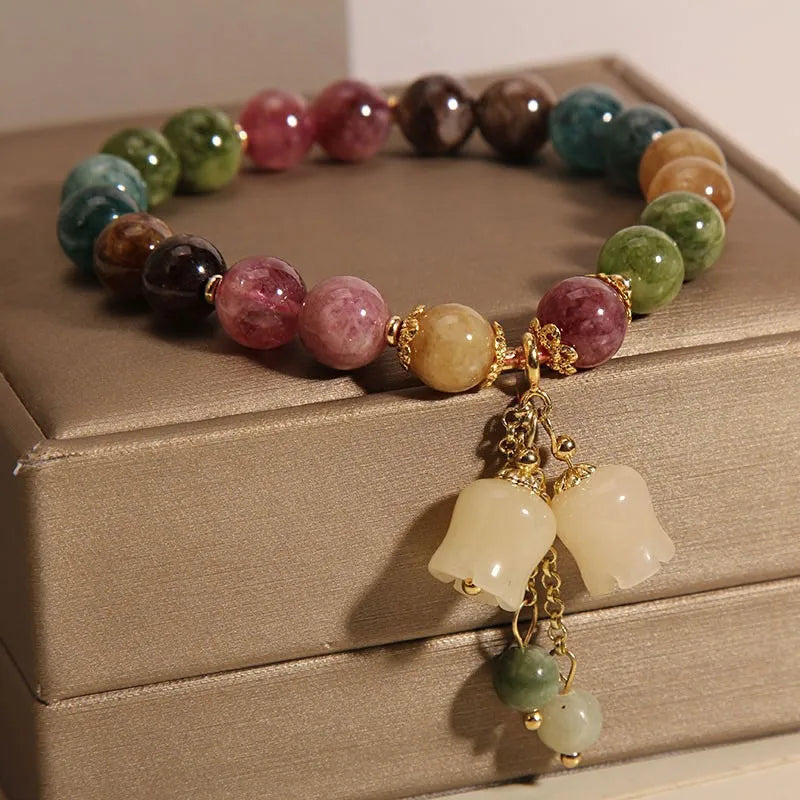 Women's Carved Natural Stone Flower Bracelet | Slip-On Beaded Tassel Bracelet