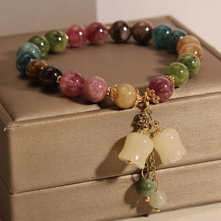 Women's Carved Natural Stone Flower Bracelet | Slip-On Beaded Tassel Bracelet