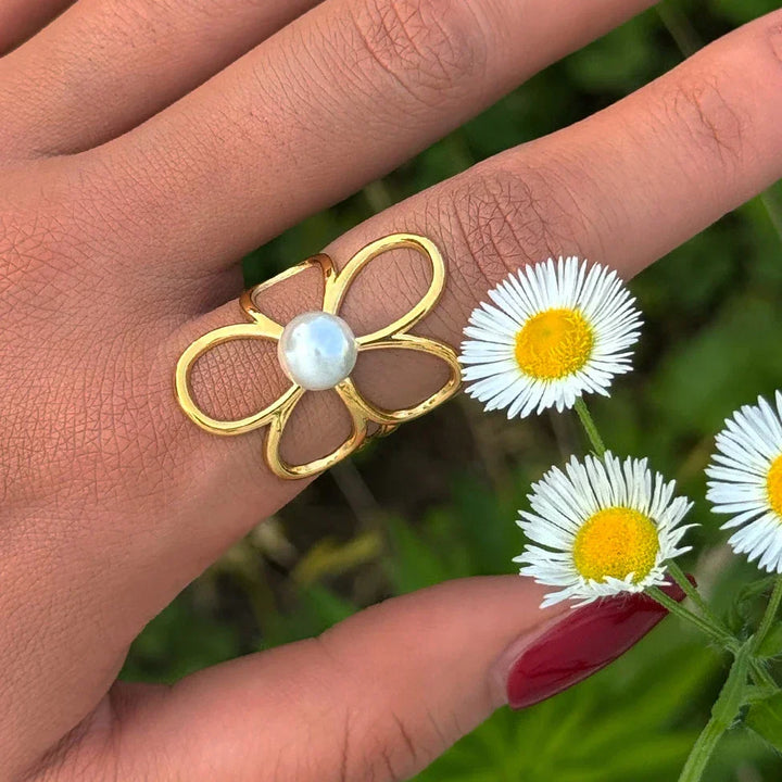 Women's Gold-Plated Pearl Flower Ring | Adjustable Waterproof Petal Ring