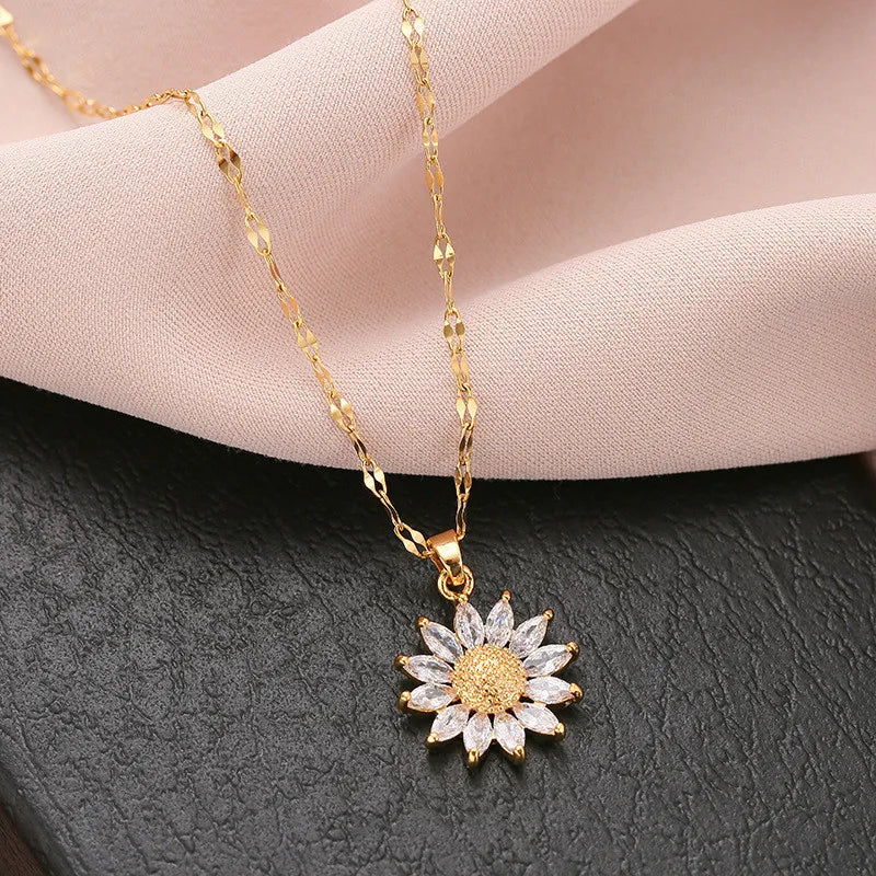 Women's Gold-Plated Floral Cubic Zirconia Necklace | Adjustable Pendant Chain Necklace