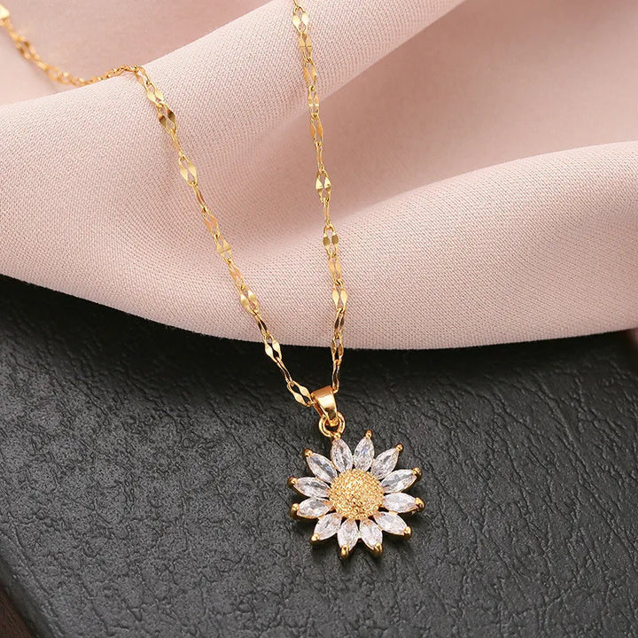 Women's Gold-Plated Floral Cubic Zirconia Necklace | Adjustable Pendant Chain Necklace