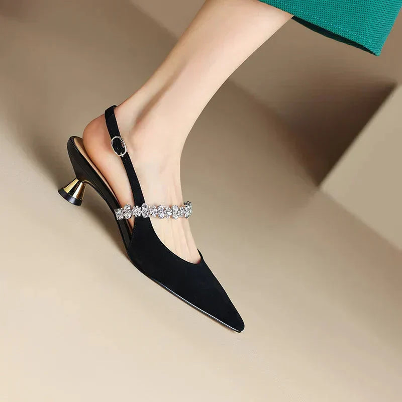Women's Crystal Strap Slingback Heels | Pointed Toe Evening Pumps