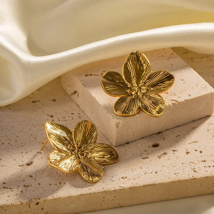 Women's 18K Gold-Plated Petal Stud Earrings | Textured Floral Statement Studs