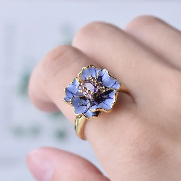 Women's Enamel Floral Cubic Zirconia Ring | Gold-Plated Lilac Petal Ring