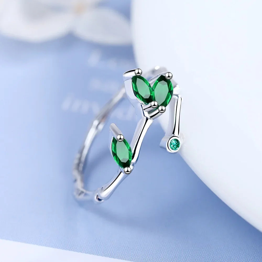 Women's Green Cubic Zirconia Leaf Ring | Adjustable Marquise Stone Ring
