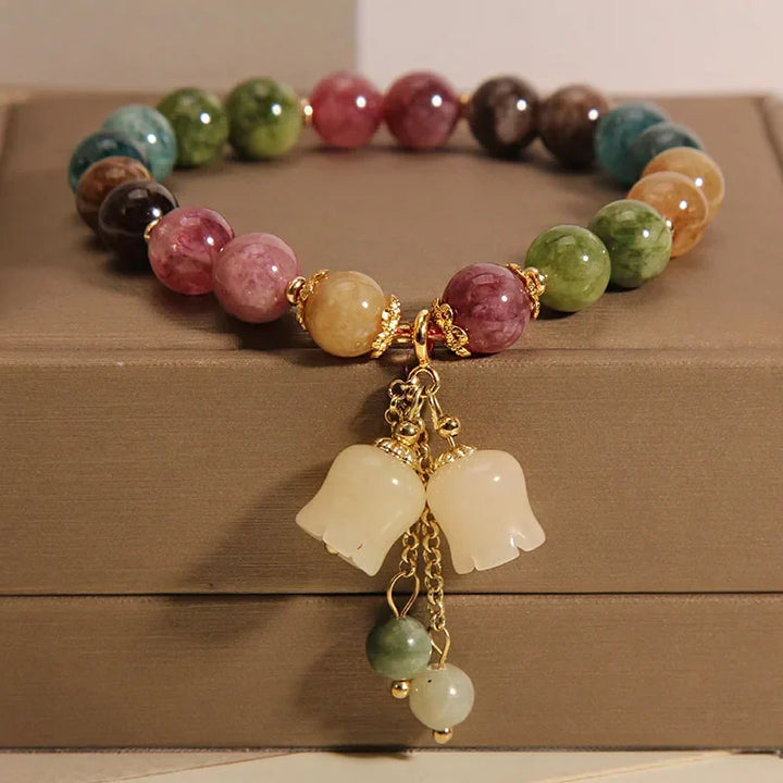 Women's Carved Natural Stone Flower Bracelet | Slip-On Beaded Tassel Bracelet