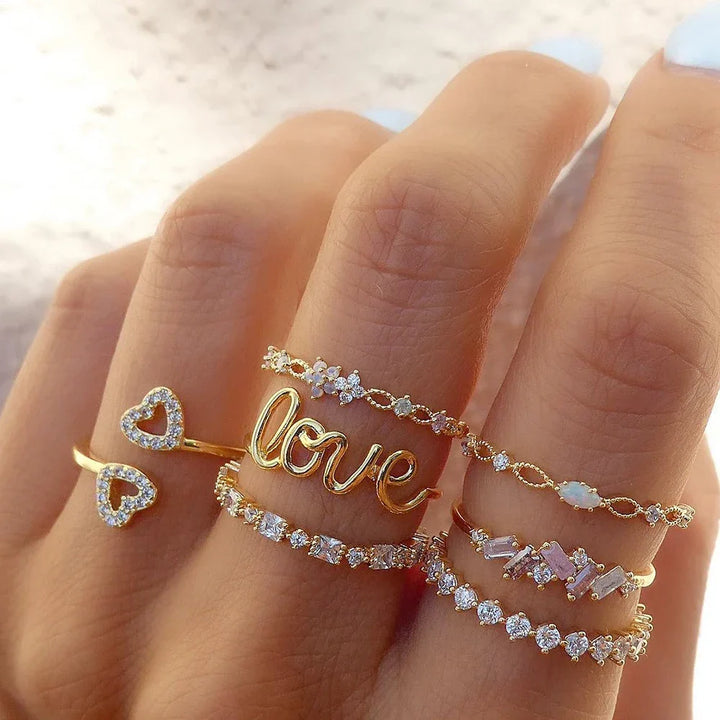 Women's Gold-Plated Stacking Ring Set | Adjustable Cubic Zirconia Stack Rings