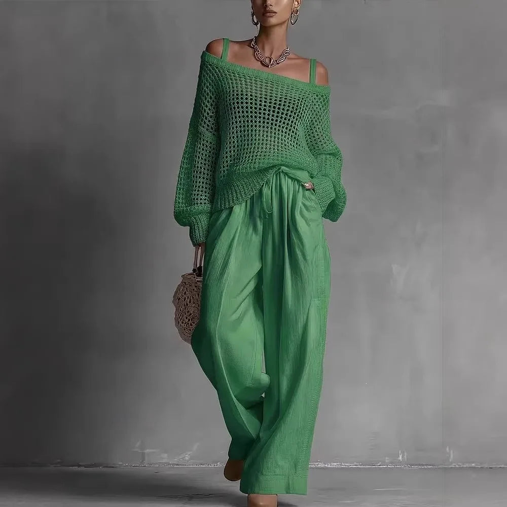Women's Off-Shoulder Wide-Leg Two-Piece Set | Elegant Textured Trouser Co-Ord