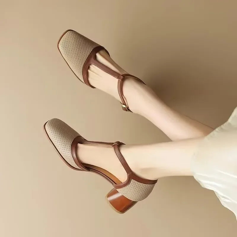 Women's T-Strap Block Heel Pumps | Square Toe Mid Heel Shoes