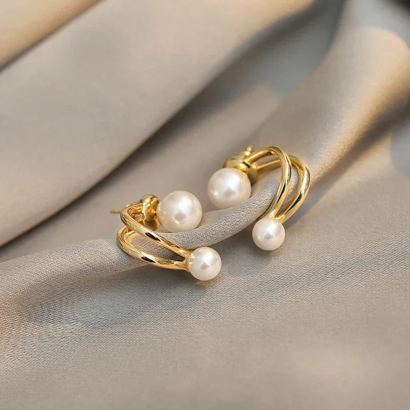 Women's Gold-Plated Pearl Stud Earrings | Curved Minimalist Pearl Studs