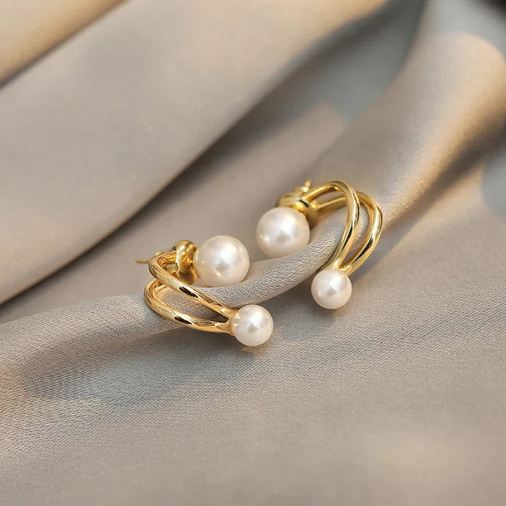 Women's Gold-Plated Pearl Stud Earrings | Curved Minimalist Pearl Studs