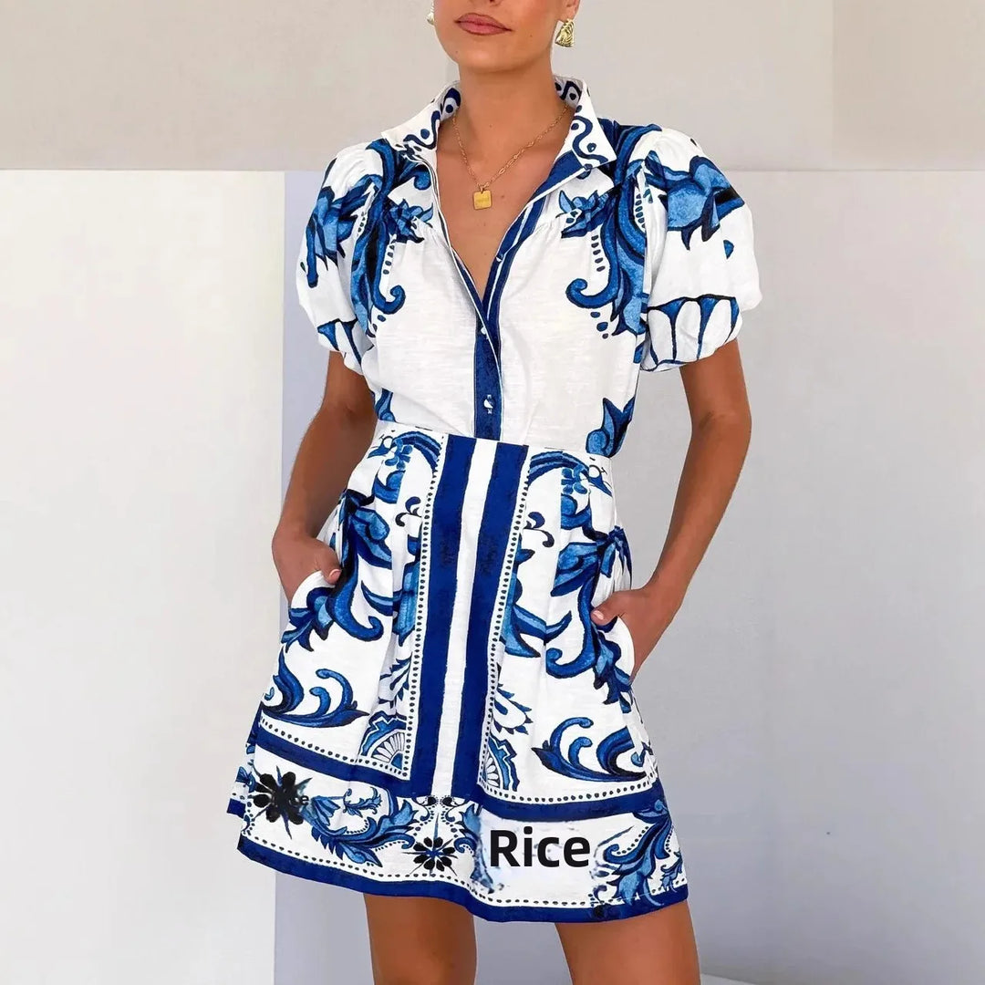 Duttini | Linen Floral Cocktail Dress Set (Top & Skirt)