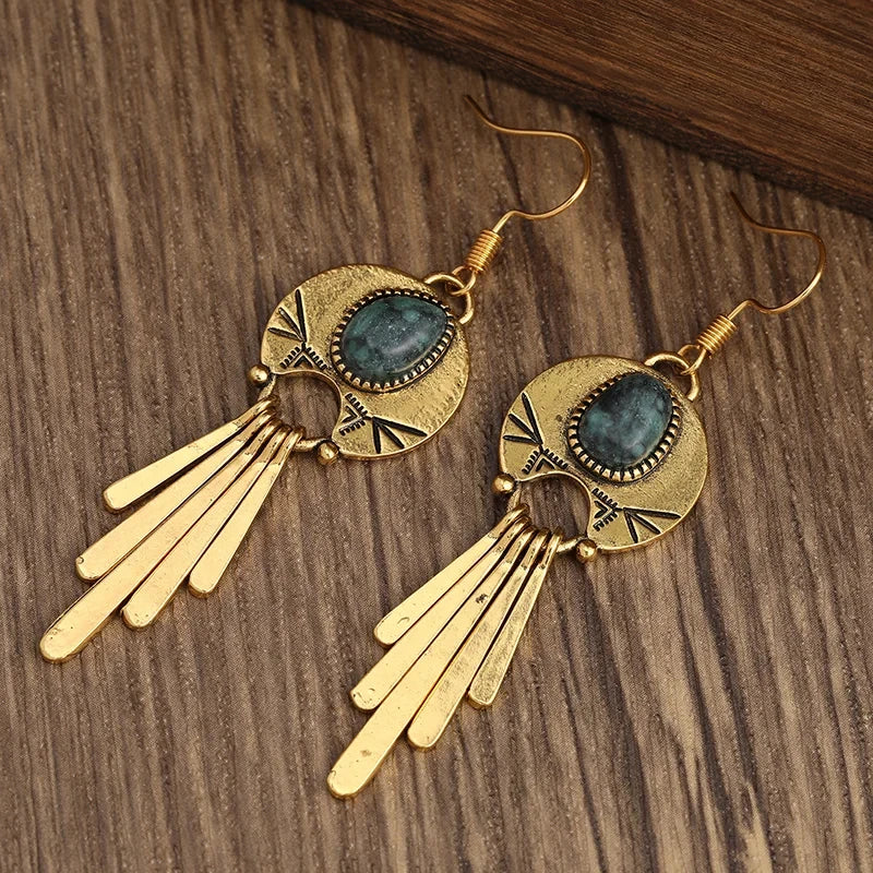 Women's Natural Stone Boho Drop Earrings | Vintage Gold-Tone Statement Drops
