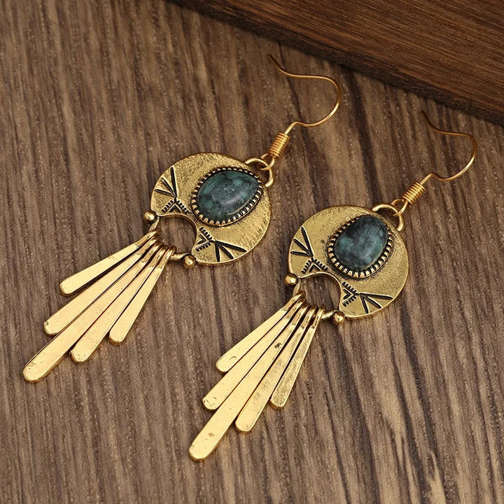 Women's Natural Stone Boho Drop Earrings | Vintage Gold-Tone Statement Drops