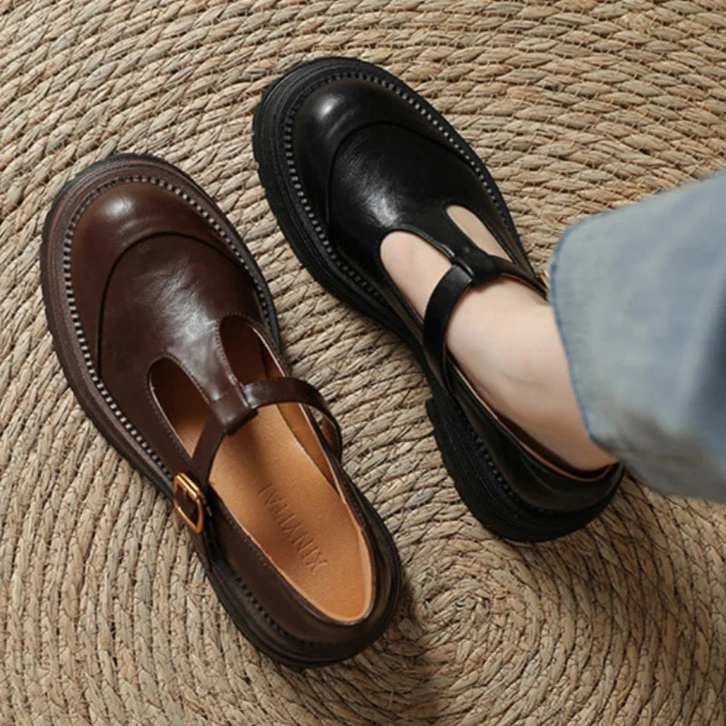 Women's T-Bar Mary Jane Brogue Shoes | Round Toe Low Heels
