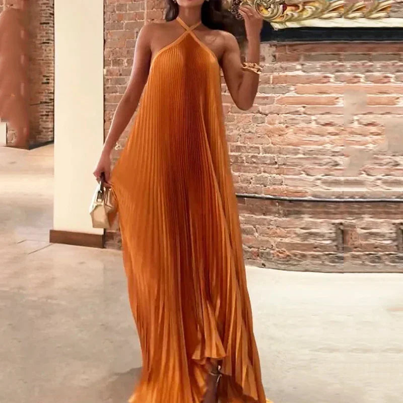 Women's Pleated Halter Maxi Dress | Elegant Wedding Guest Evening Gown