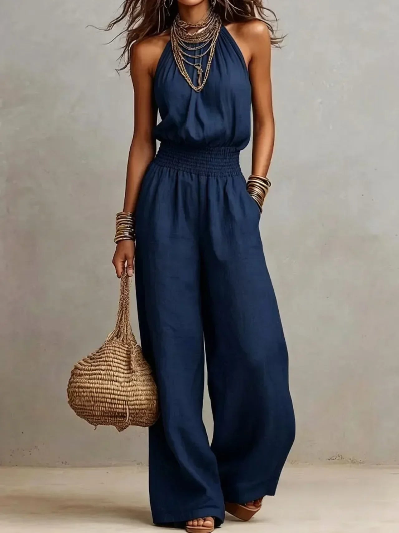 Women's Halter Wide-Leg Jumpsuit | Elegant Smocked-Waist One-Piece
