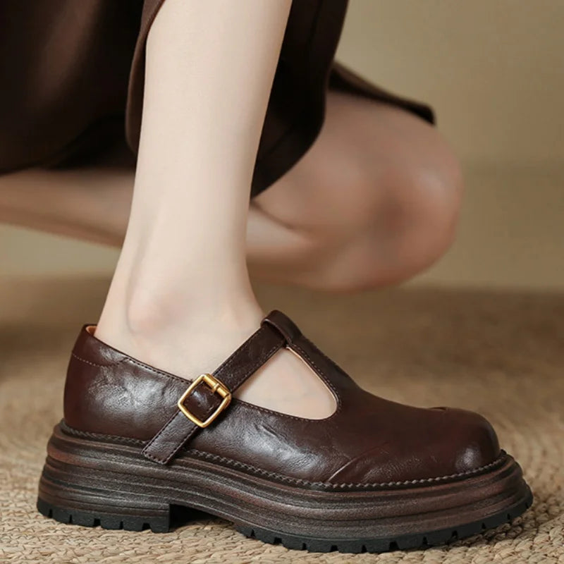 Women's T-Bar Mary Jane Brogue Shoes | Round Toe Low Heels