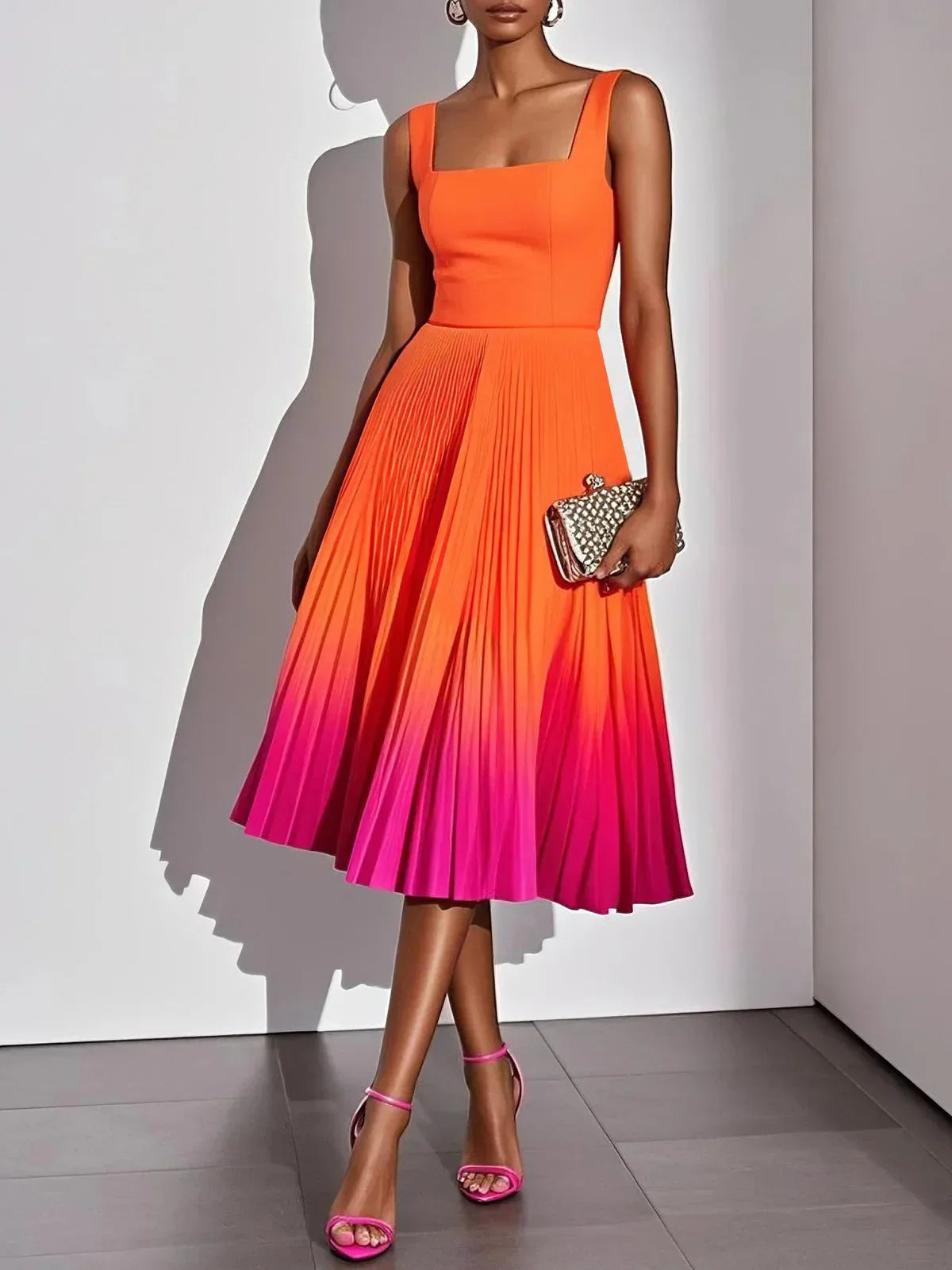 Women's Ombre Pleated Midi Dress | Flowing Sleeveless Party Dress