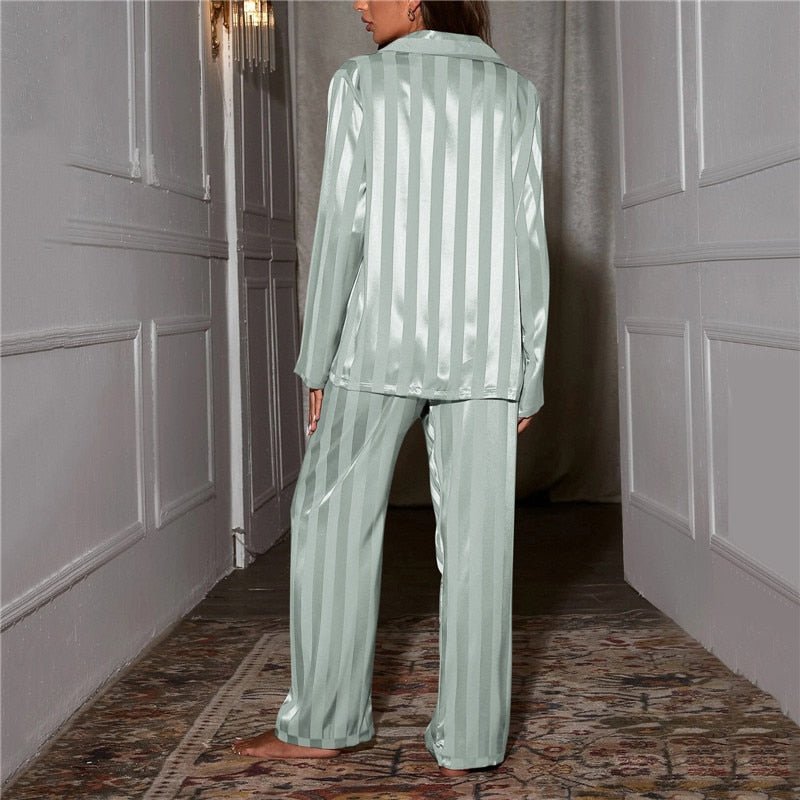 Women's Satin Striped Pajama Lounge Set | Relaxed Fit Button-Down Matching Set